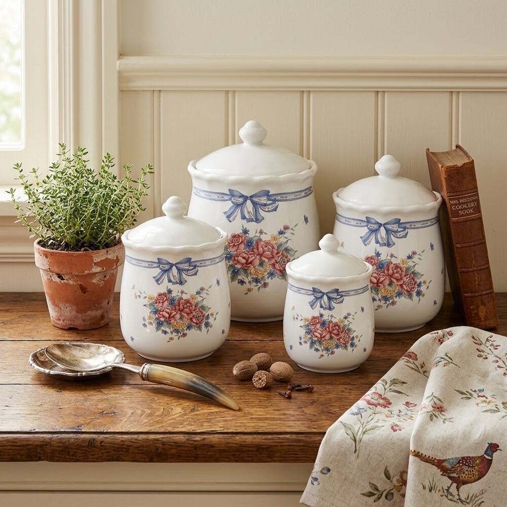 four ceramic kitchen canisters floral bouquet blue ribbon bow 90s cotton prairie